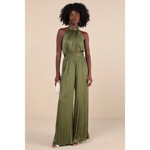Lulus Confident Impression Olive Green Satin Pleated Halter Jumpsuit - Size XS